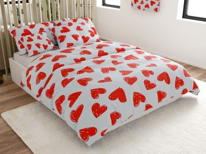 Bavlněné povlečení WARM HEART světle modré se srdíčky