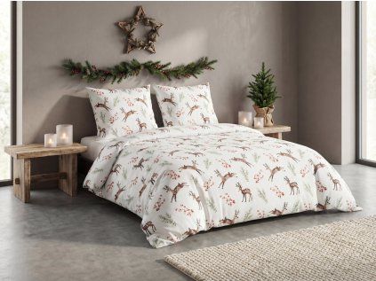 Bavlněné povlečení ROXY NOEL světle zelené s motivem sobů a větviček