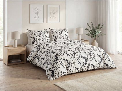 Bavlněné povlečení BERRIES bílo-černé s elegantním květinovým motivem