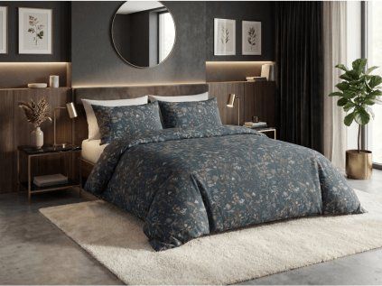 Povlečení z Renforcé bavlny SELMIRA tmavě zelené hotelová kapsa s elegantním květinovým motivem