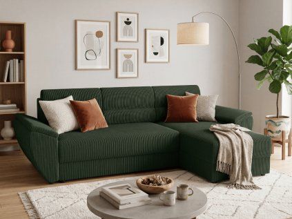 Rozkládací oboustranná sedací souprava do L TAVERO 251x140 cm tmavě zelená moderní design